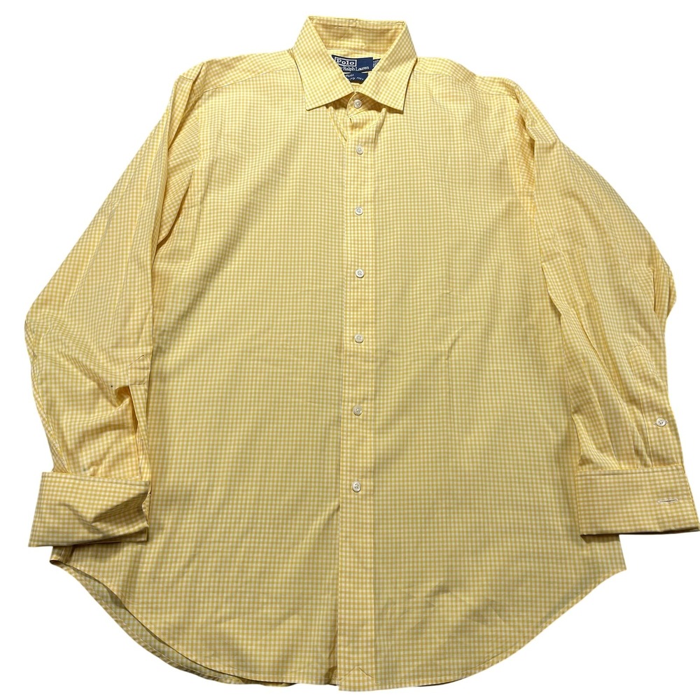 Vintage Polo Ralph Lauren Dress Shirt Mens 16 33 Yellow Gingham French Cuff